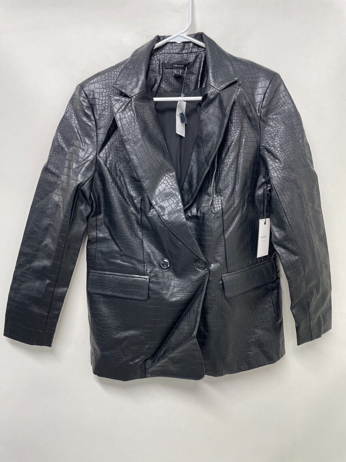 Forever 21 Womens XS Faux Leather Double-Breasted Embossed Blazer Jacket Black