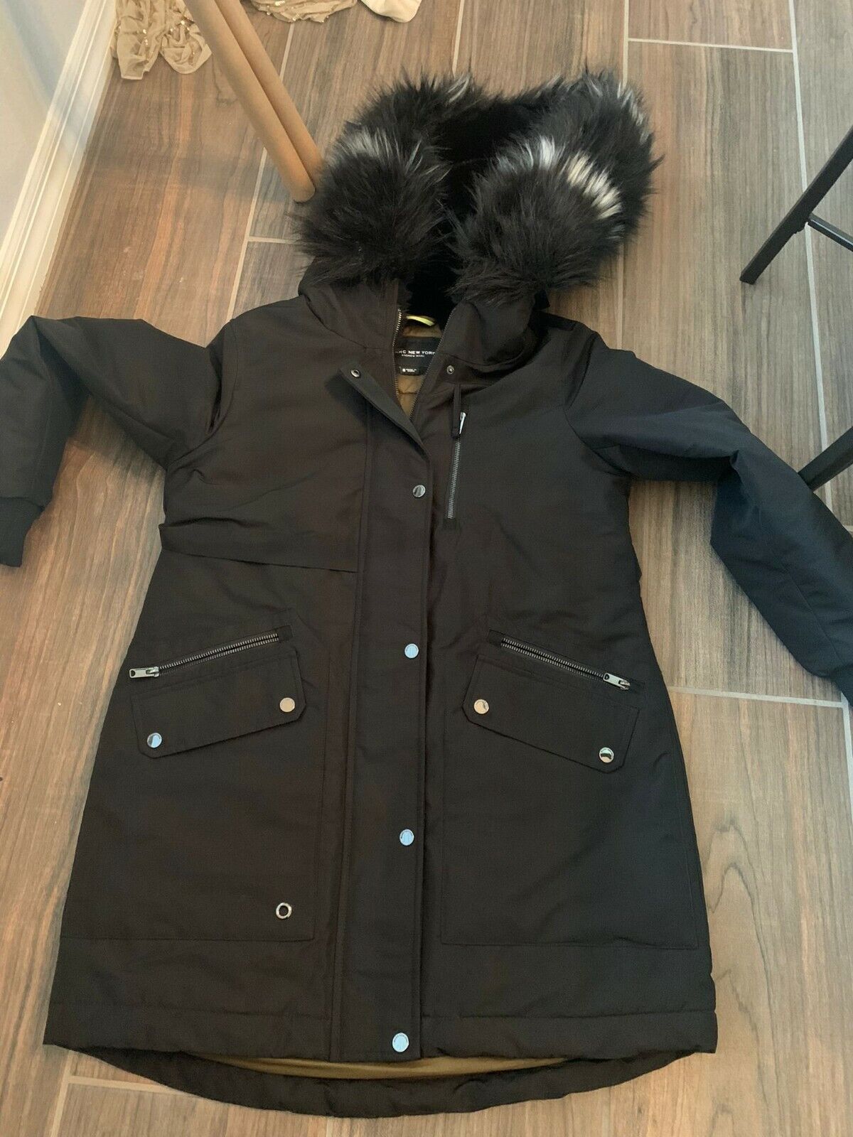 Marc New York Womens S Black Carina Water Resistant Hooded Parka Faux Fur Trim