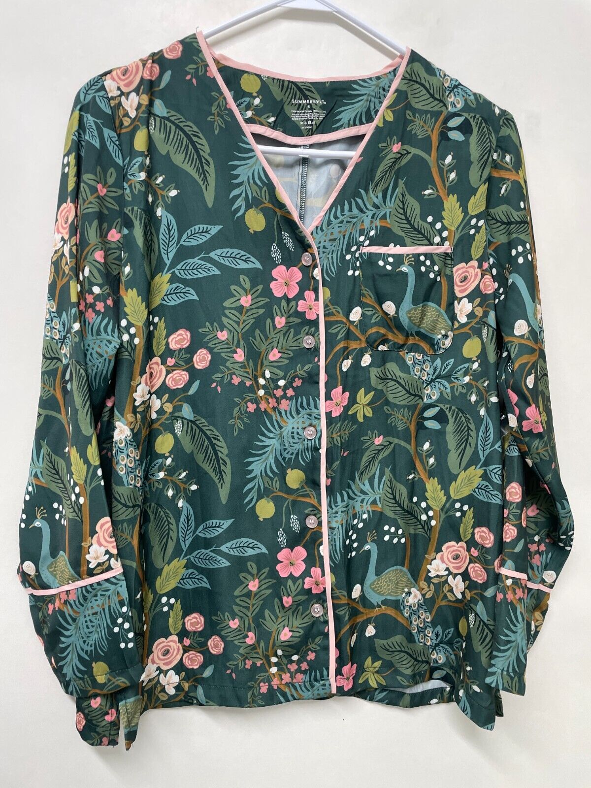 Summersalt Women's S Cloud 9 Silky Pajama Top Emerald Peacock Satin Green Shirt