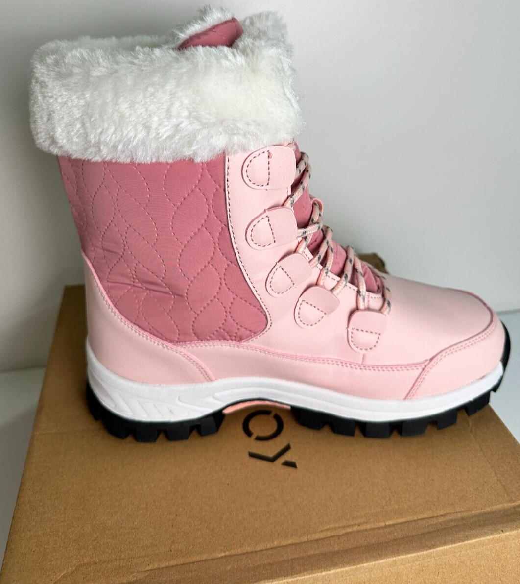 COOJOY Women's 8 EU 40 Winter Snow Boots Waterproof Mid Calf Furry Frosty Pink