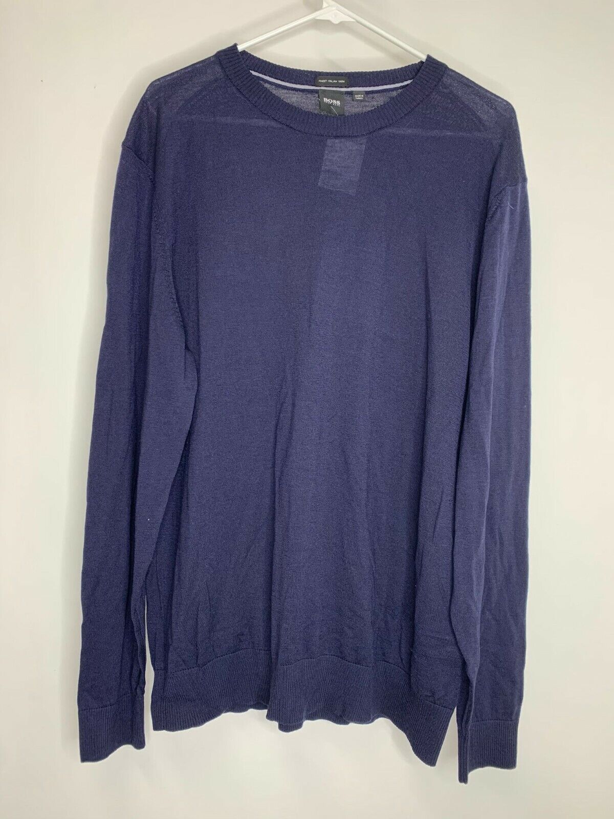 Hugo Boss Mens XXL Navy Blue Micolai Wool Blend Crewneck Sweater Stripe Detail