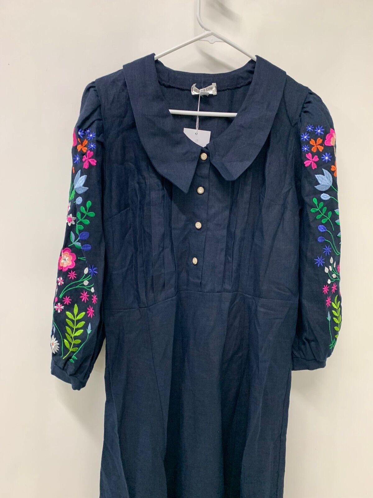 Vyshyta Womens L Cottagecore Linen Embroidered Dress Navy Ukranian Midi Belted