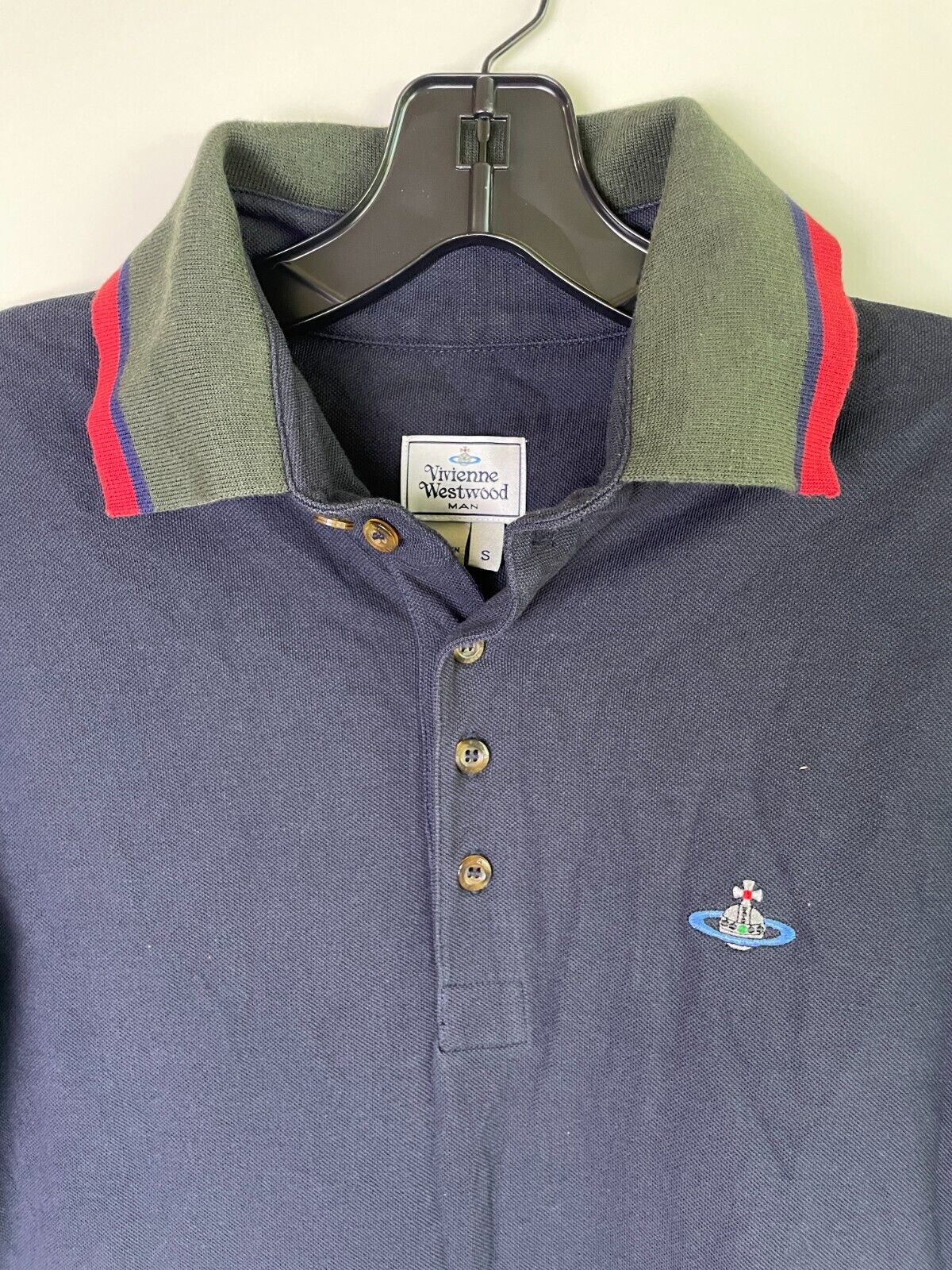 Vivienne Westwood Mens S Polo Shirt Navy Short Sleeve Striped Collar Golf