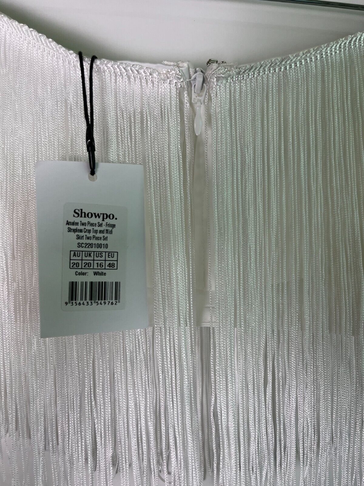 ShowPo Women's 16 Amalee Two-Piece Fringe Strapless Cop Top Midi Skirt Set White