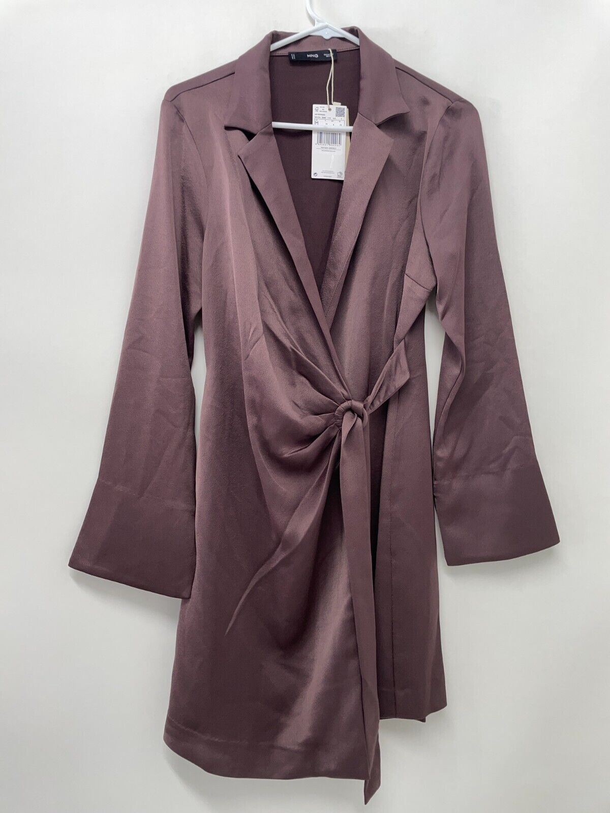 Mango Women M Sabrina Satin Wrap Dress Brown Long Flared Sleeve Notch Collar MNG