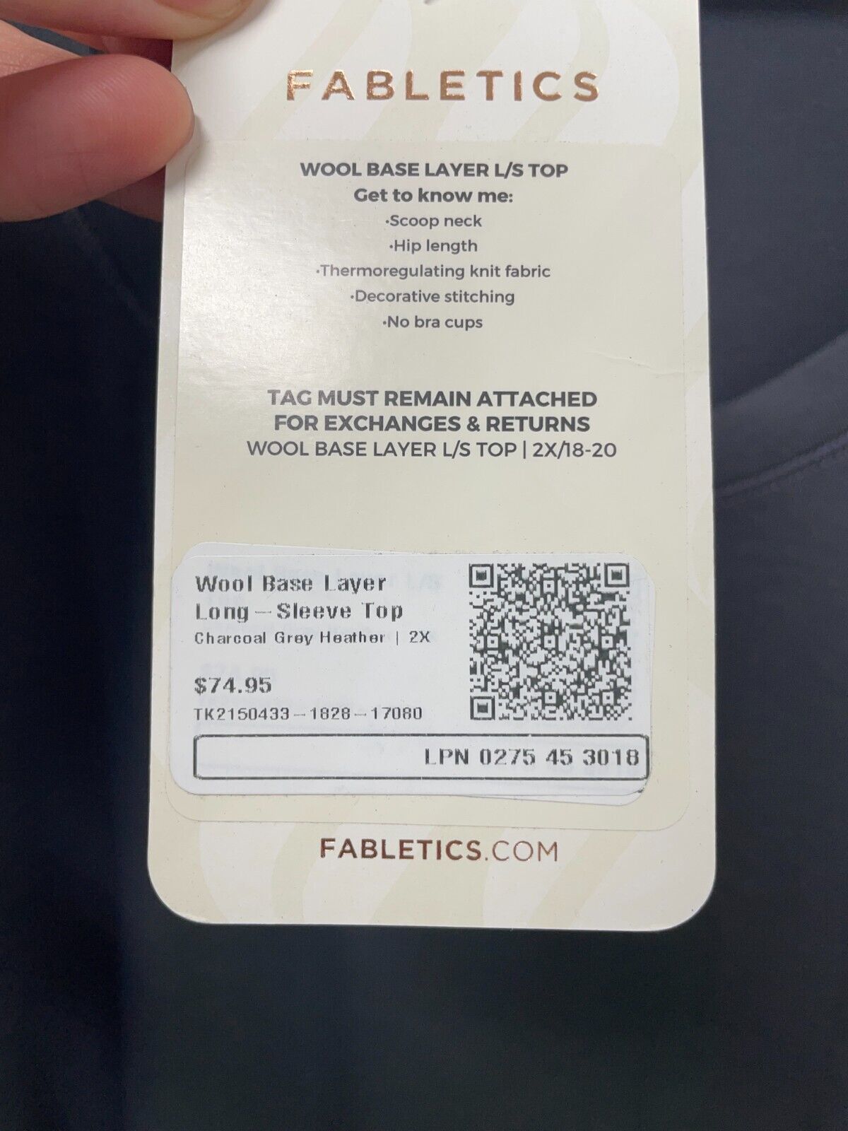 Fabletics Womens 2X Wool Base Layer Long-Sleeve Top Charcoal Grey Heater TK21504