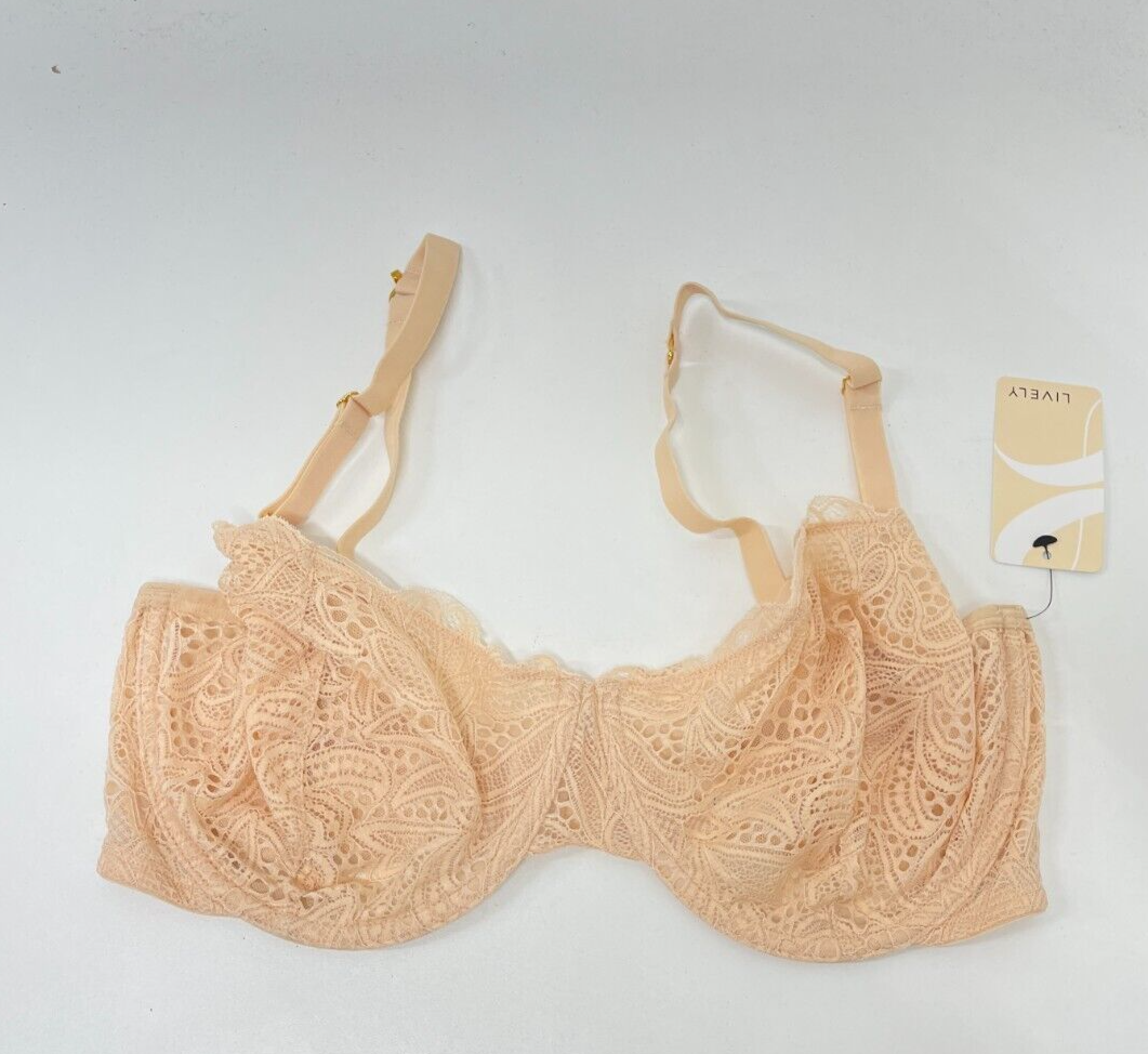 Lively Womens 36DDD Unlined Lace Bra Nude Scalloped Full Coverag Underwire 47246