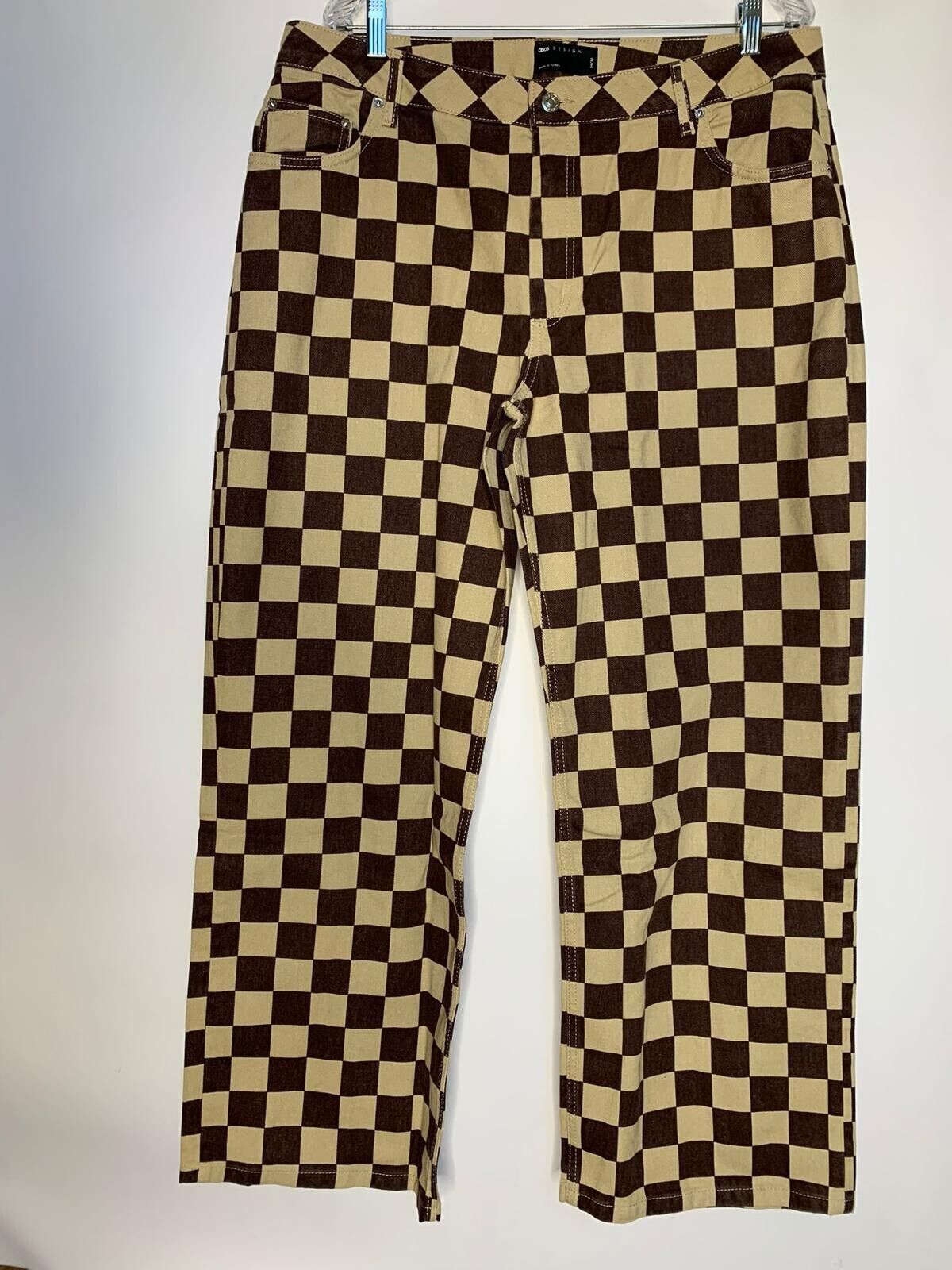 ASOS Design Womens 34x32 Low Rise Relaxed Dad Jeans Brown Checkered Print Denim