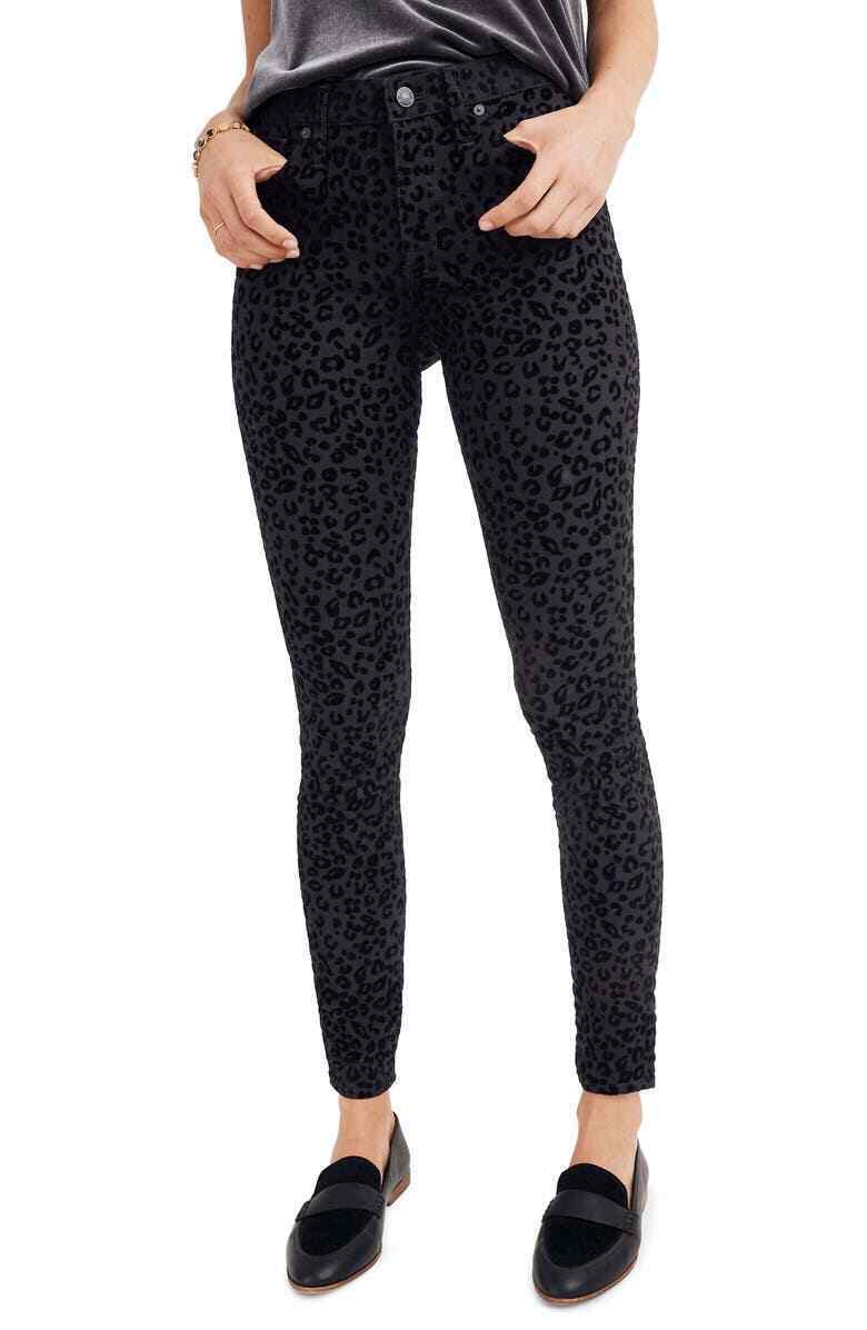 Madewell Womens 28 9" Mid-Rise Flocked Leopard Skinny Jeans Black Magic Pockets