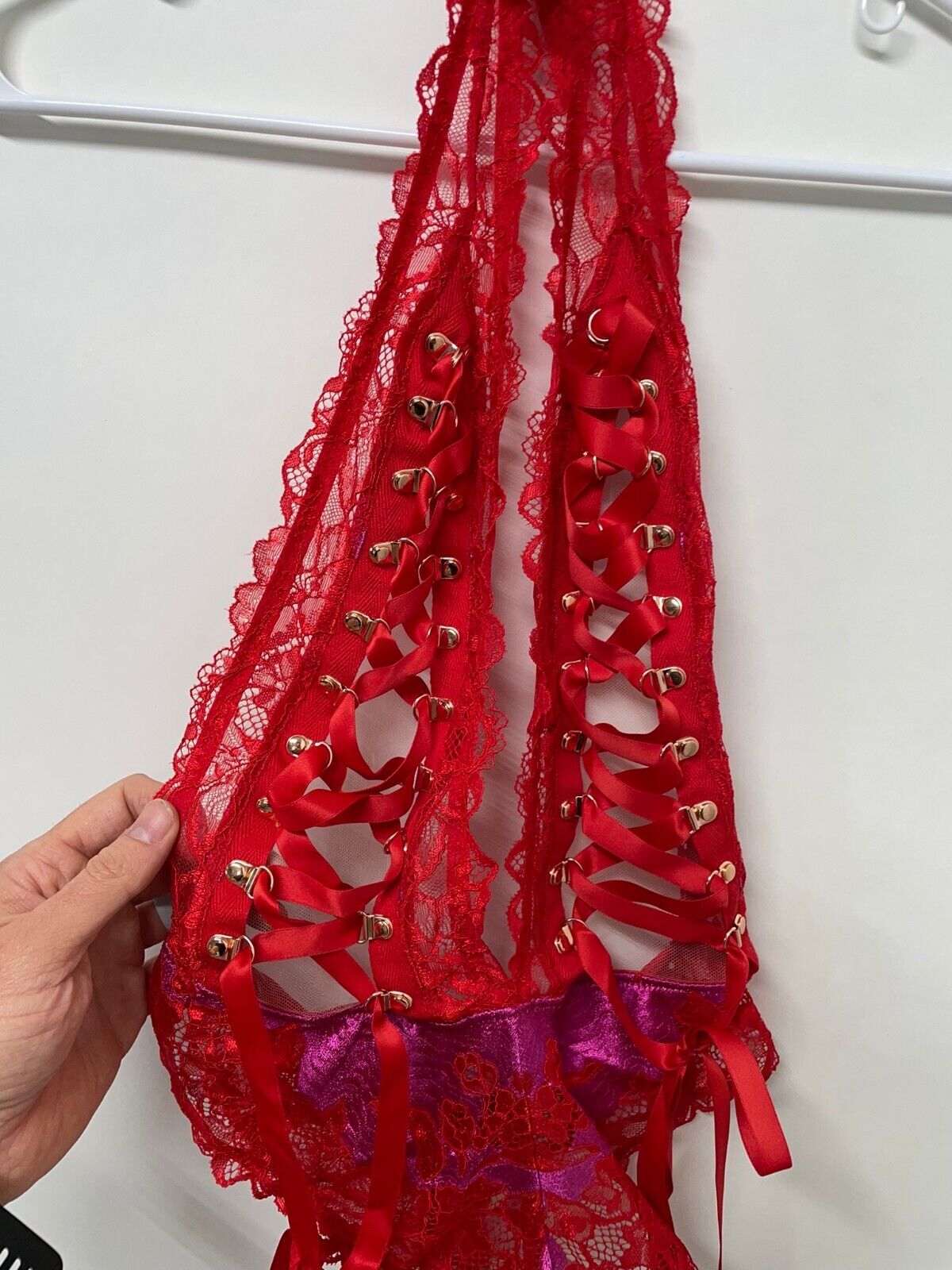 Fenty Savage Womens XS Lace d Up Teddy Lingerie Goji Berry Red Thong