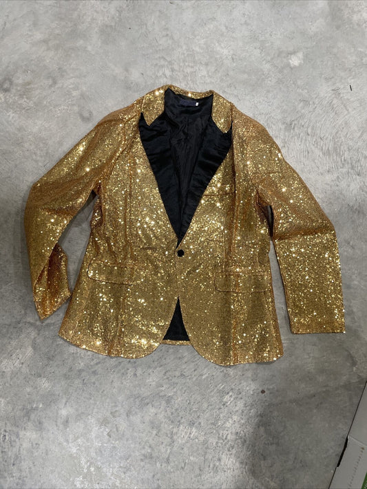 Mens L Sequined Shiny Shimmer One-Button Suit Blazer Jacket Gold Eras Swiftie