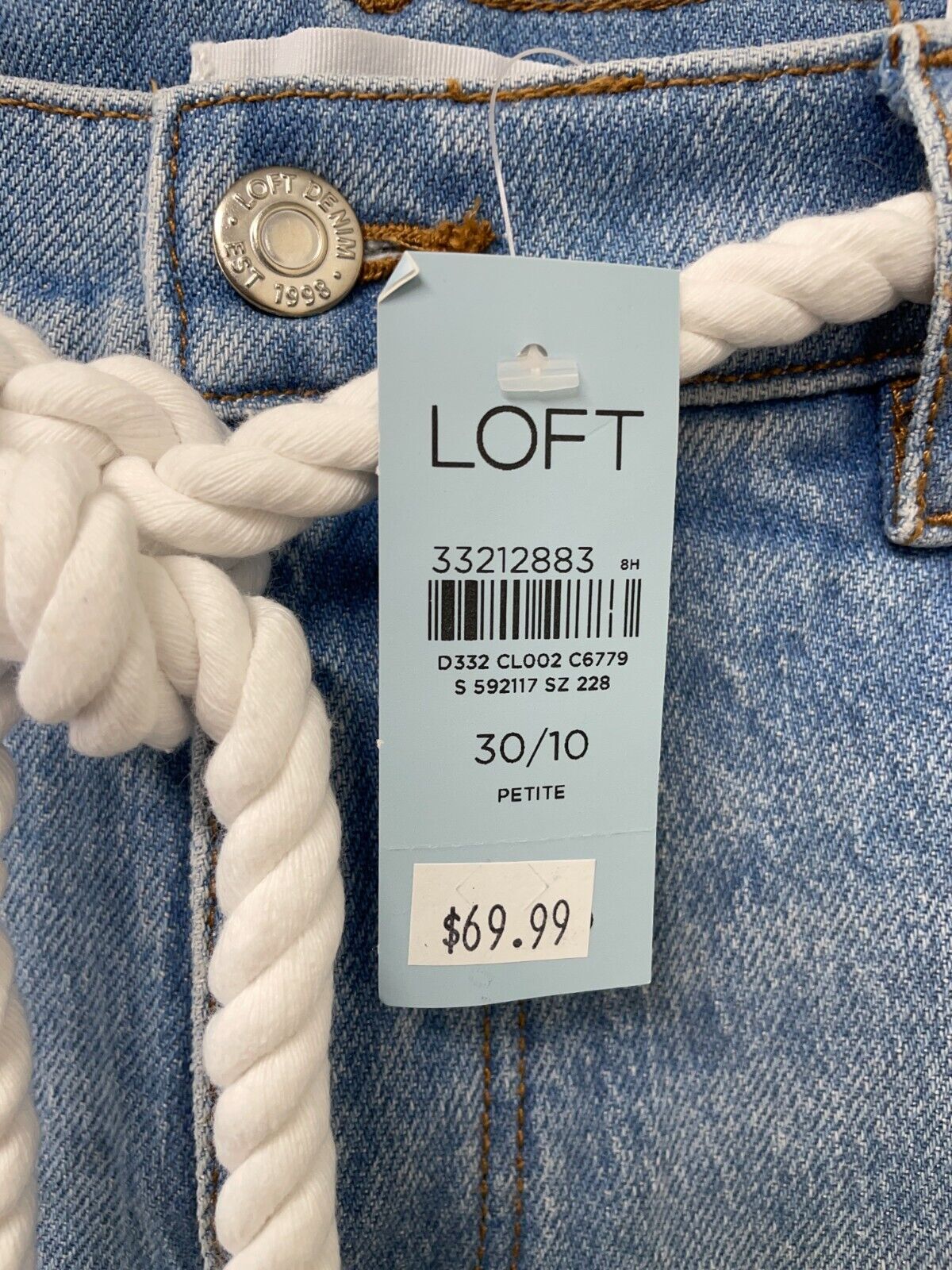 Loft Womens 30/10 Petite Tie Waist High Rise Straight Crop Jeans Light Wash