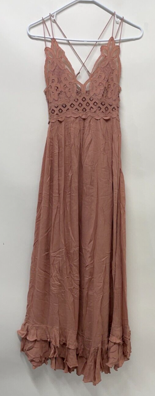 Free People FP One Women's XS Adella Maxi Slip Dress Rose Boho Crochet 52295441