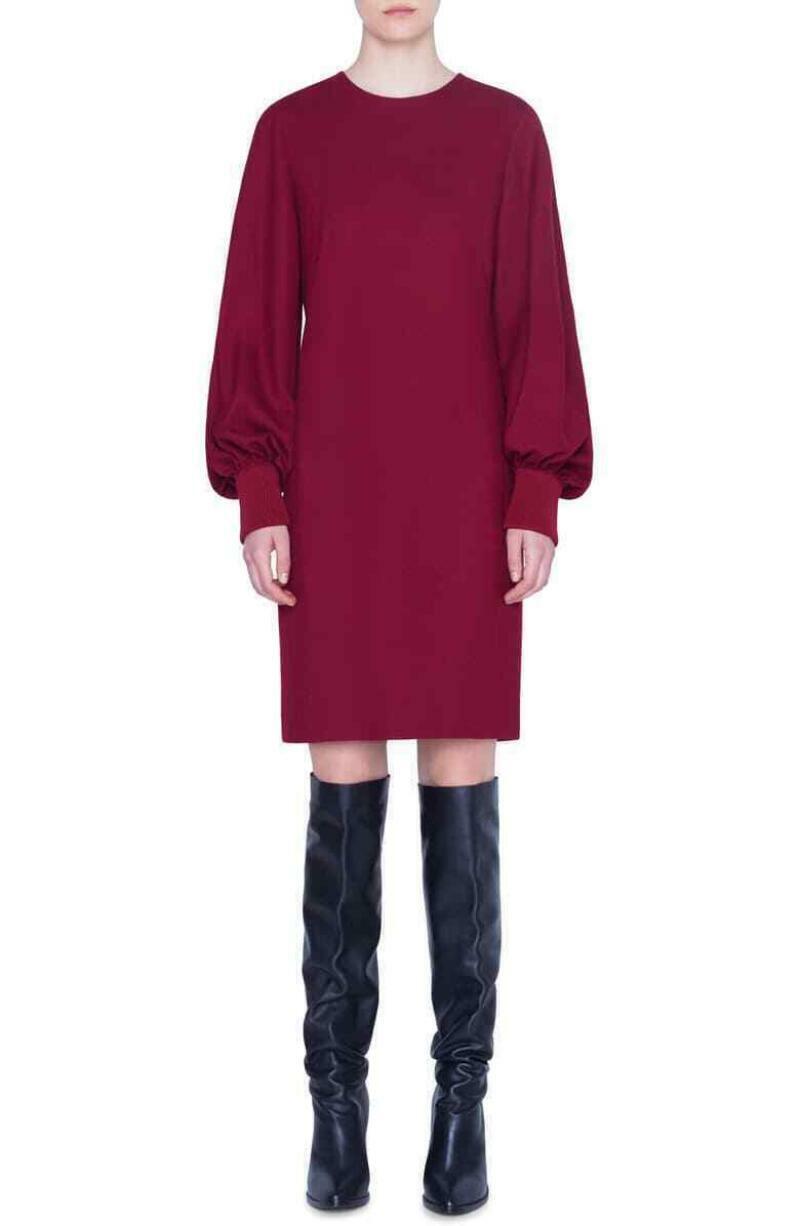 Akris Punto Womens 4 Burgundy Ruby Puff Balloon Sleeve Wool Flannel Shift Dress