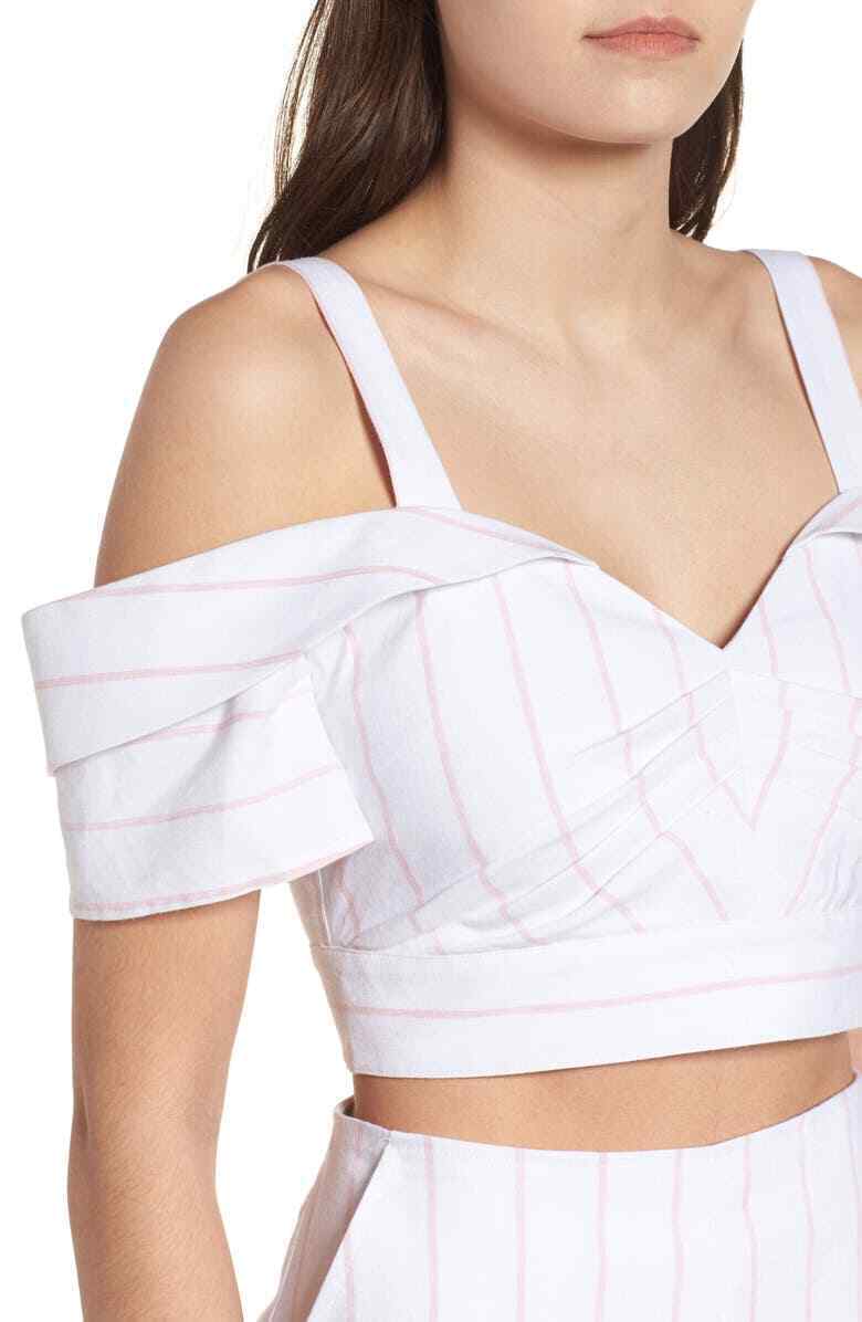Leith Womens XXL White Blush Pink Cold Shoulder Crop Top Linen Blend