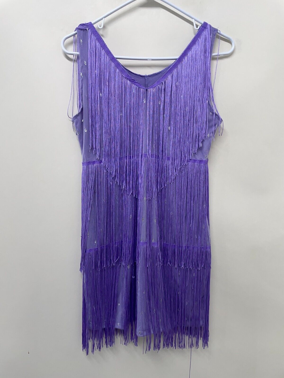 Cuase Womens L Fringe Flapper Mini Dress Lavender Sleeveless Gatsby Costume