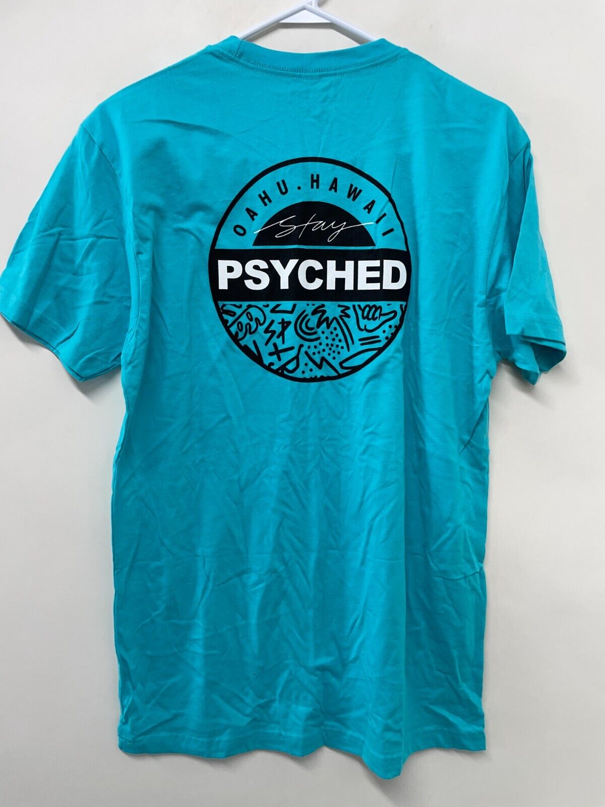 Stay Psyched Men's M Graphic Tee Teal Blue Oahu Hawaii Preshrunk Regular Fit NEW