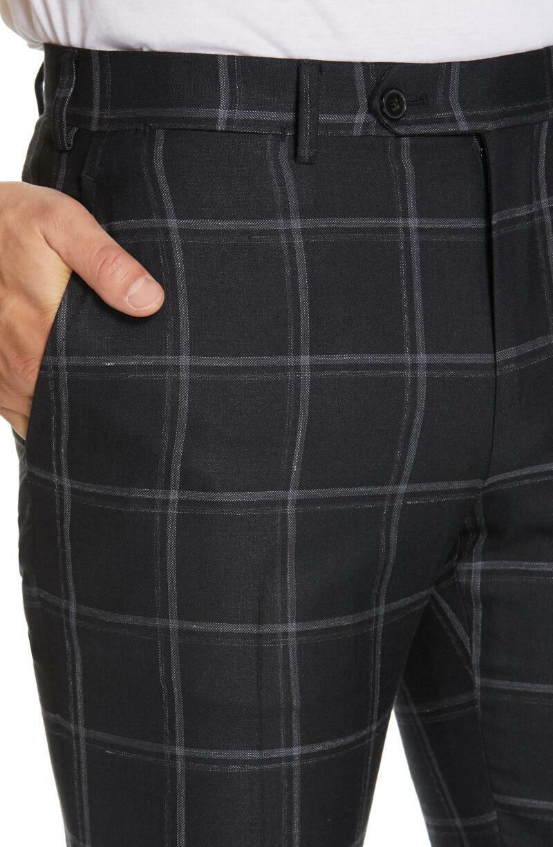 Eidos Mens 54 Charcoal Deven Flat Front Slim Fit Wool Dress Pants Windowpane 38