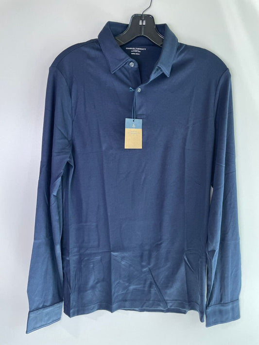 Charles Tyrwhitt Mens XS Navy Blue Plain Long Sleeve Smart Jersey Polo Shirt