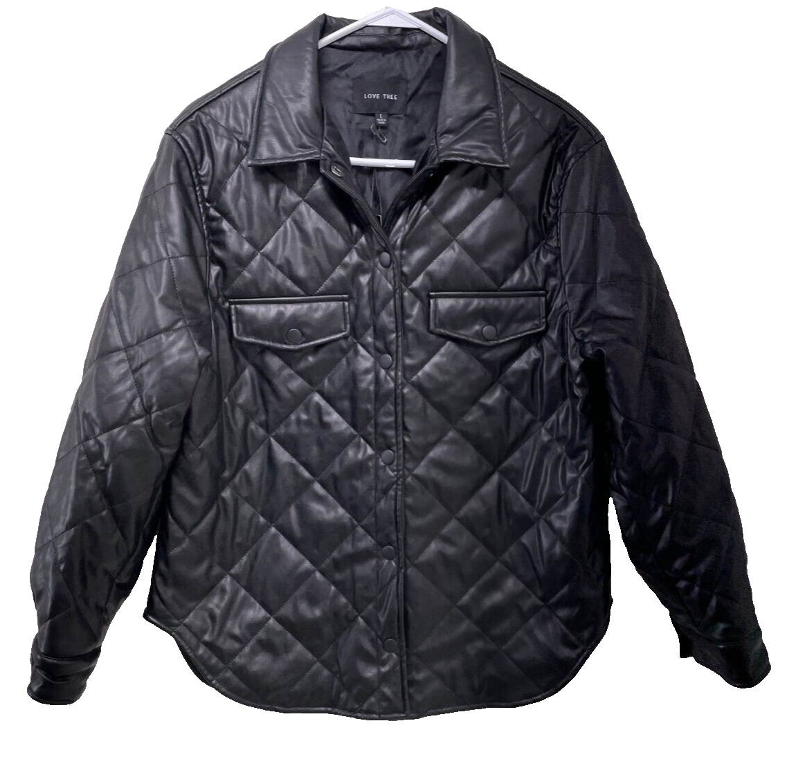 Love Tree Womens L Charisma Diamond Quilted Jacket Black Faux Leather Shacket