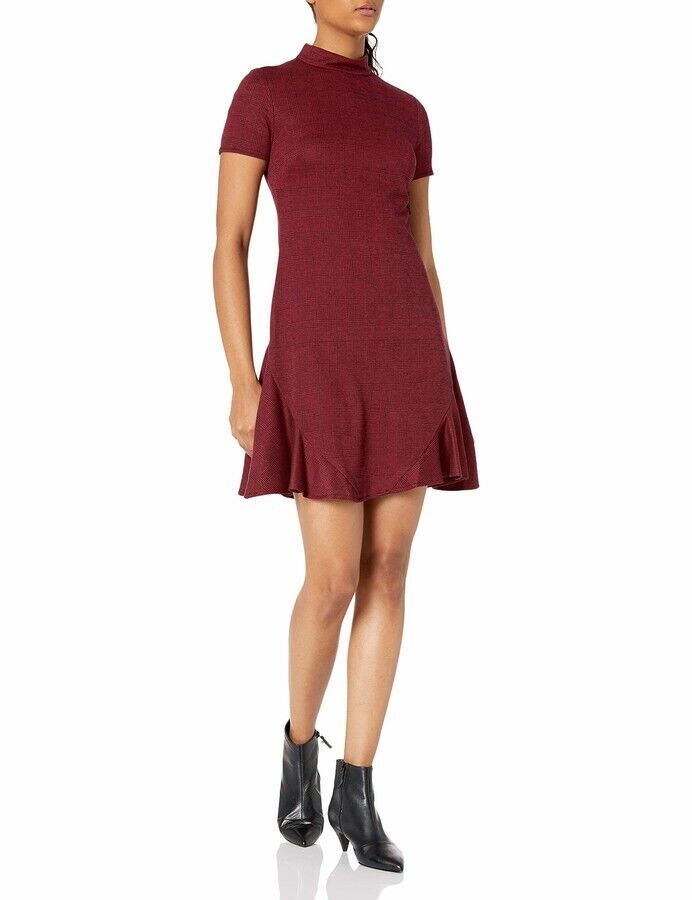 Nanette Lepore Womens 12 Red Black Ruffle Hem Mock Neck Plaid Texture Dress