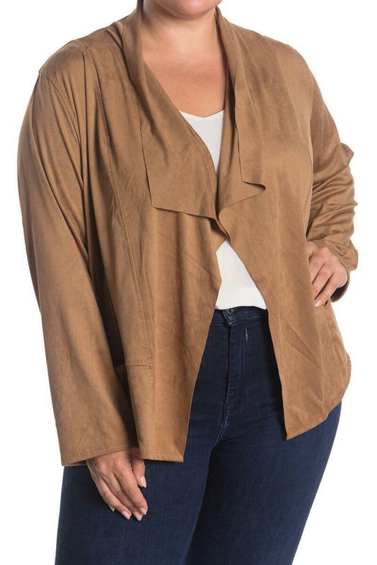 Max Studio Womens 2X Brown Open Front Faux Suede Jacket Drape Sweater Cardigan