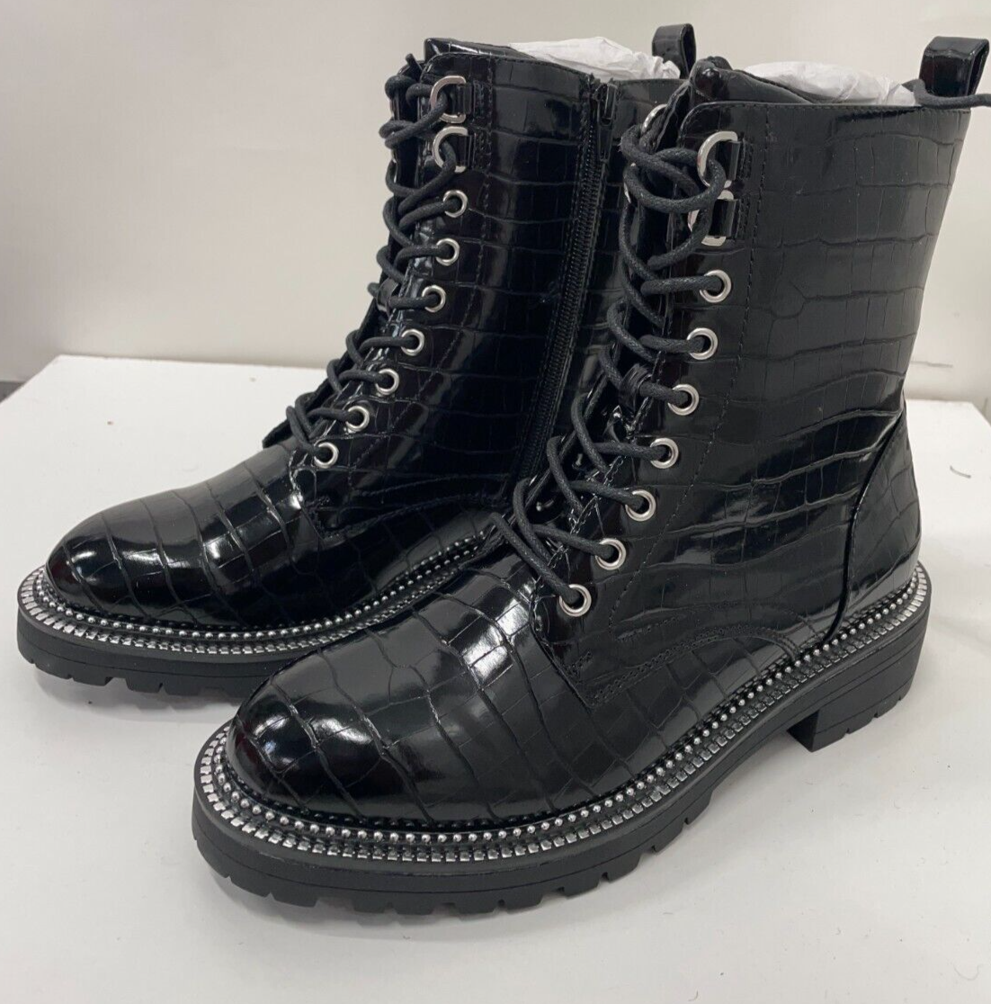 River Island Womens 6 Wide Fit Silver Rand Lace Up Boot Black Aliigator Biker