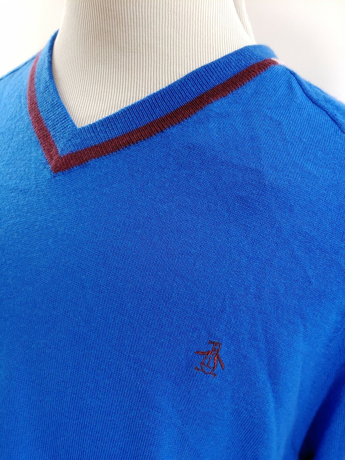 Original Penguin Mens XXL Turkish Blue V Neck Knit Pullover Sweater Merino Wool
