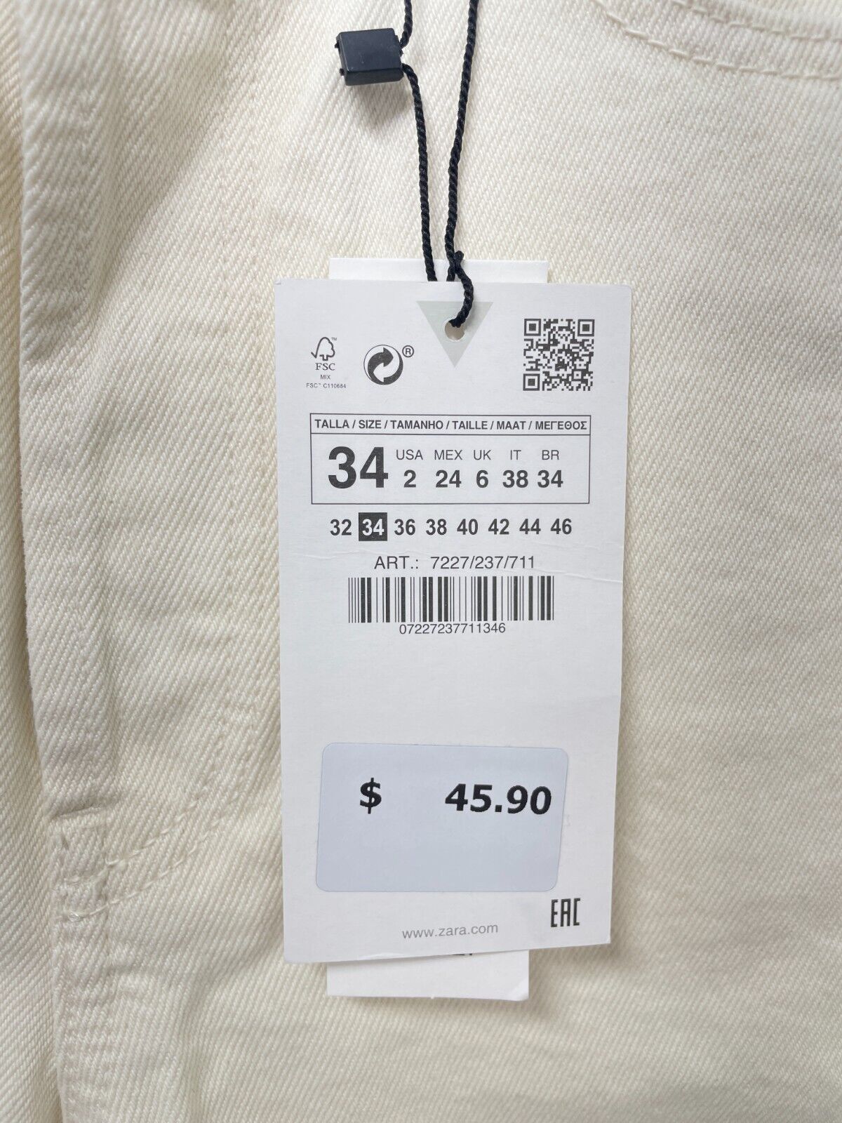 Zara Womens 2 TRF Straight Jeans Cream High Rise Frayed Hem Zip Fly 7227/237/711