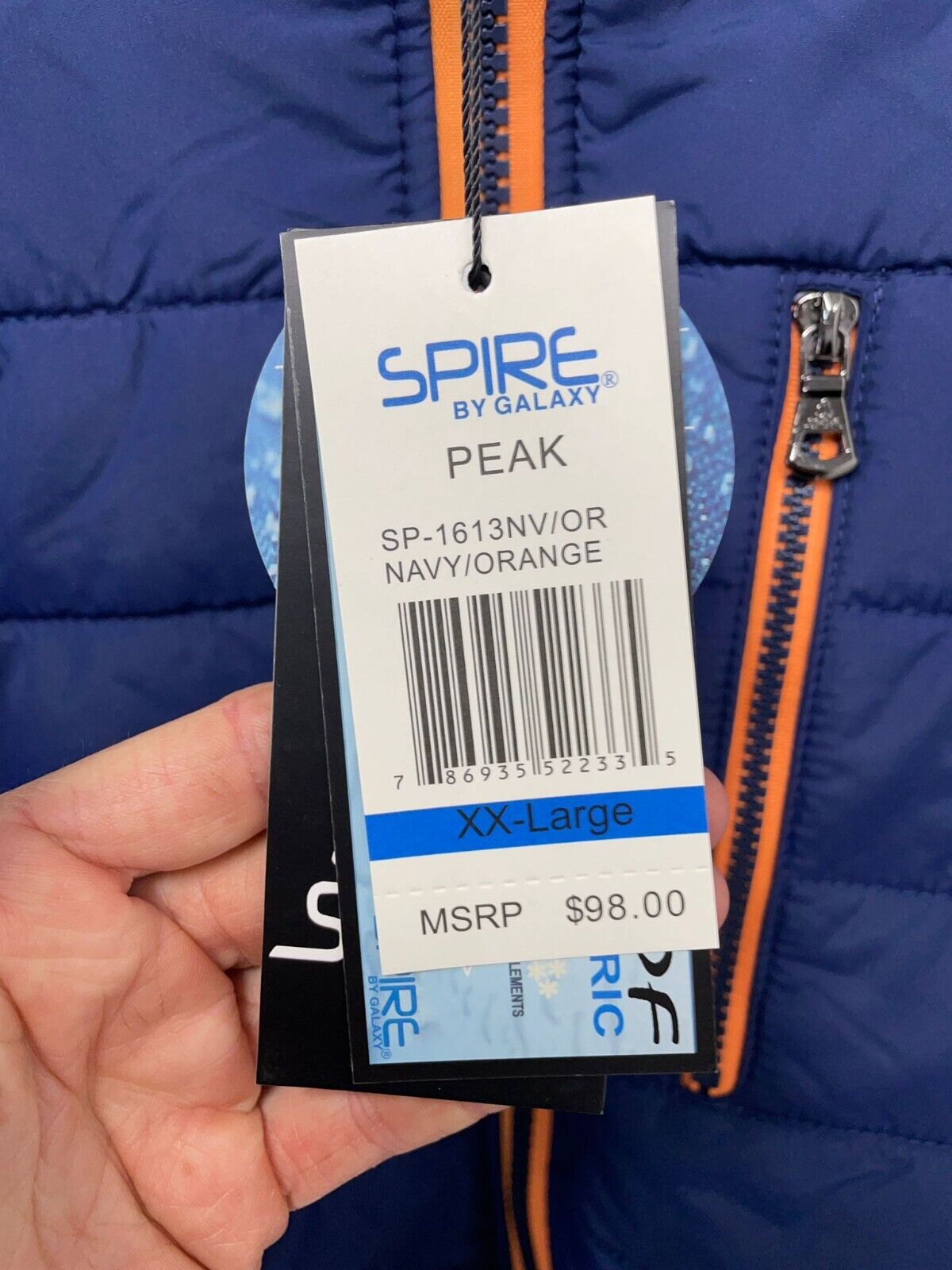 Spire by Galaxy Mens 2XL Peak Quilted Hooded Puffer Jacket Navy Orange