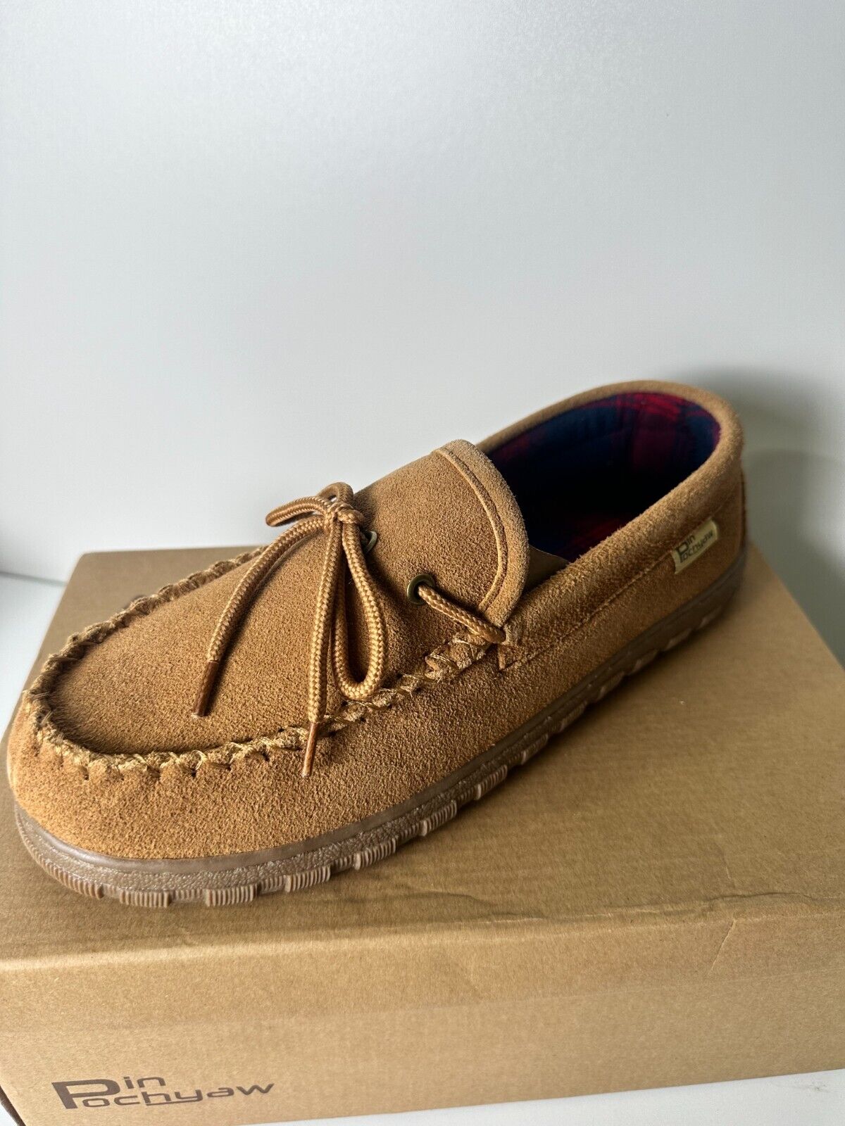 Pinpochyaw Men's 10 Suede Indoor Outdoor Moccasin Slippers Chestnut Brown JH042