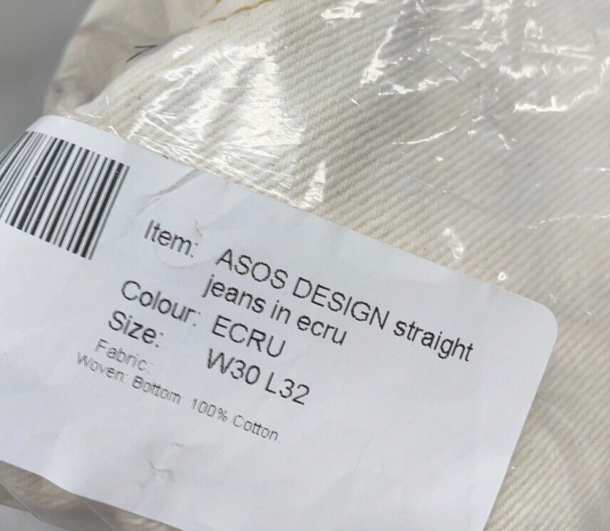 Asos Design Mens 30 Straight Leg Jeans Ecru Ivory Five Pockets Belted 126964640