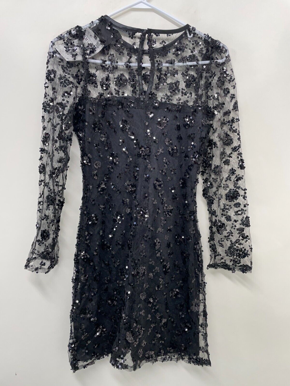 Zara Womens M Short Sequin Cocktail Dress Black Sheer Long Sleeve 0387/191/800