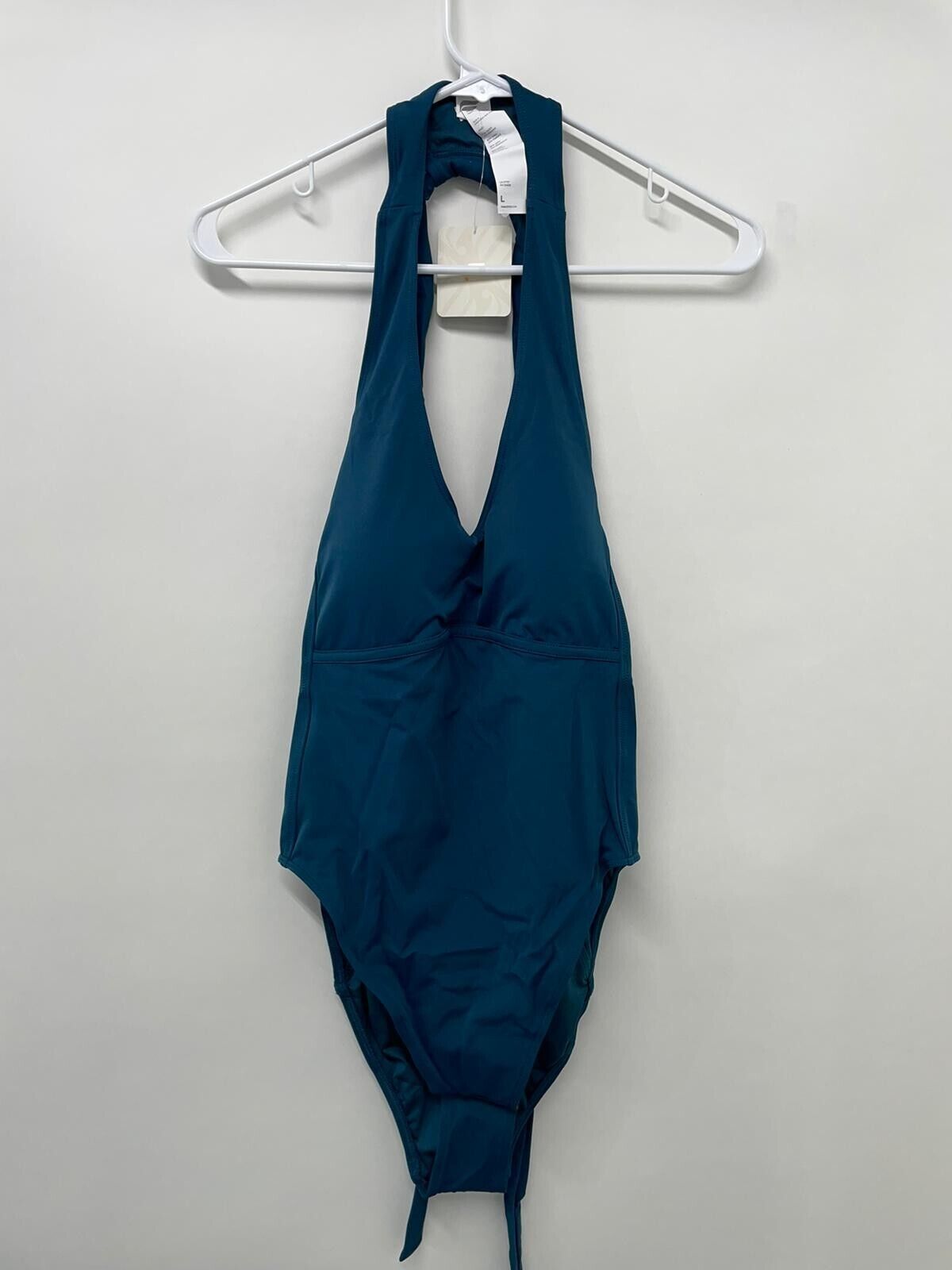 Fabletics Womens L Lace Up Racerback Gabriella II Swimsuit Midnight Teal Blue