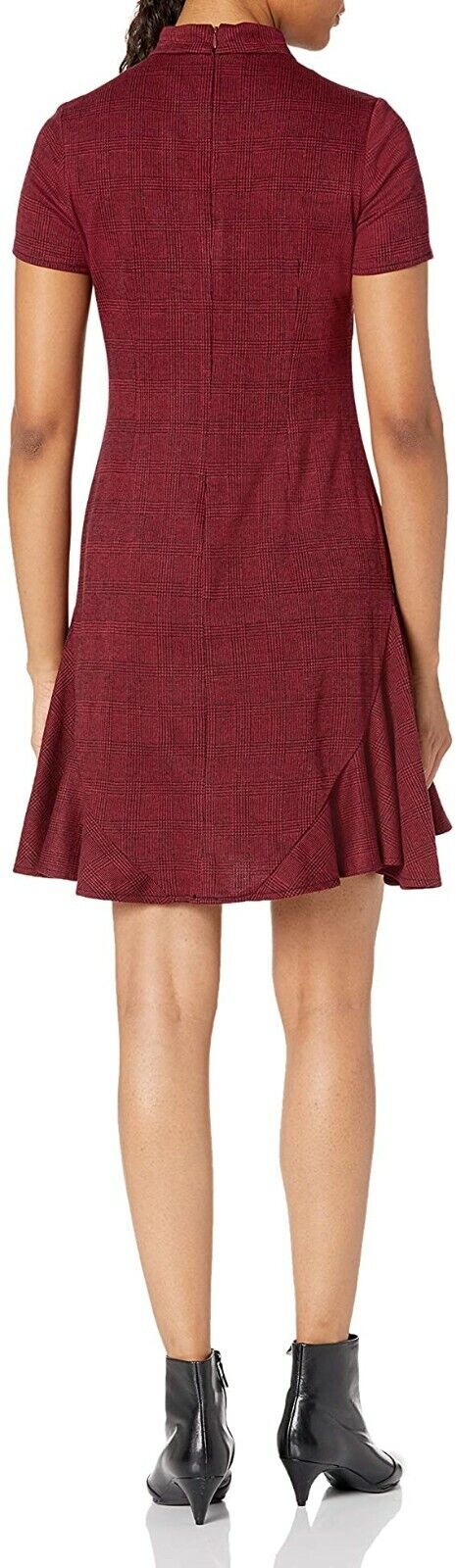 Nanette Lepore Womens 12 Red Black Ruffle Hem Mock Neck Plaid Texture Dress