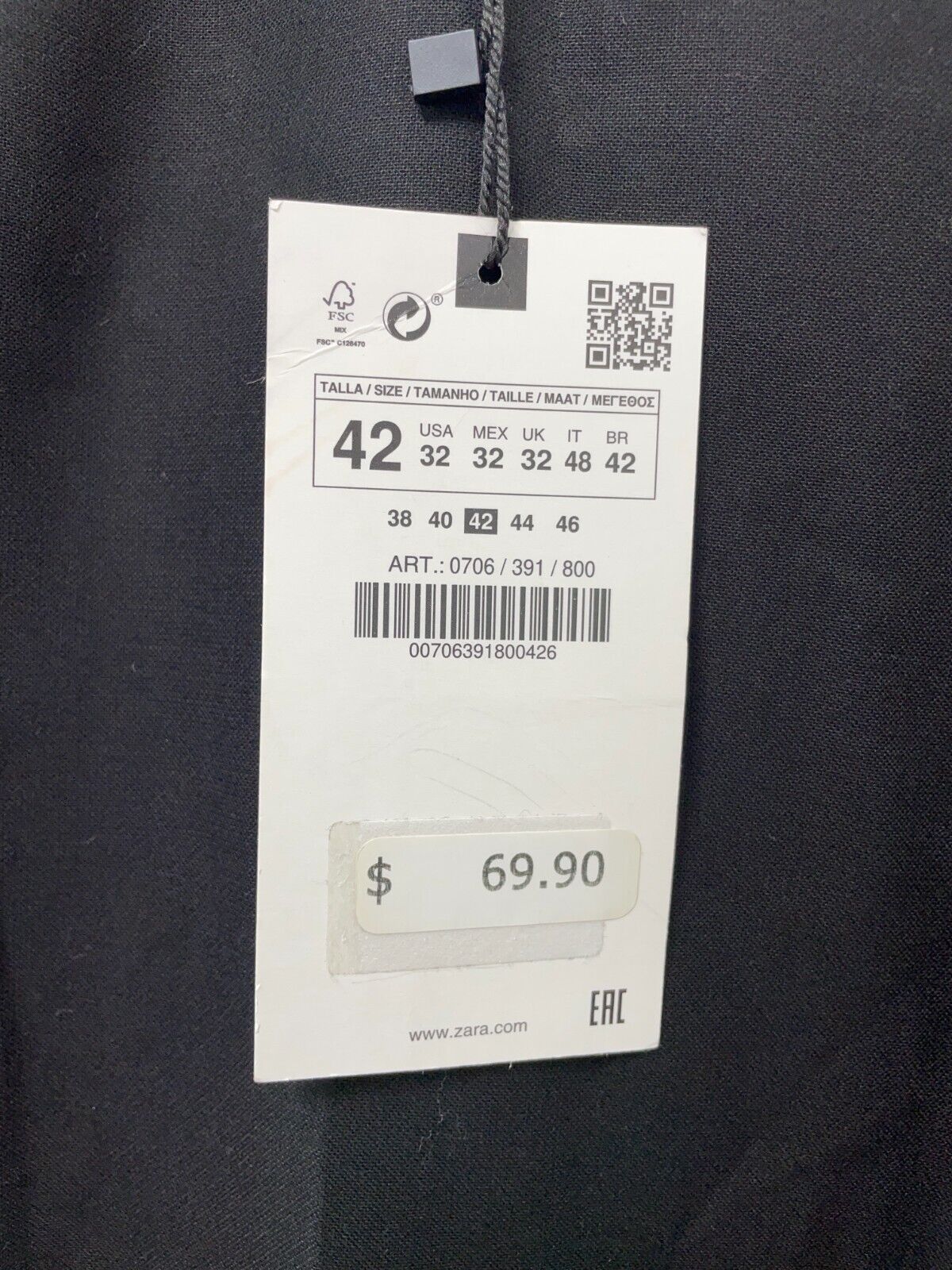 Zara Mens 32 Suit Trouser Dress Pants Black Straight Fit Flat Front 0706/391/800