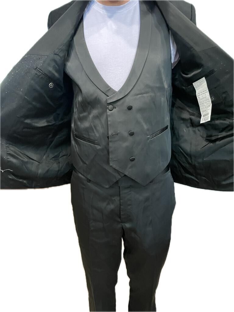 Baggi Mens 44R Black Shawl Collar Velvet 3 Piece Suit Sparkle Satin Sal Yaka