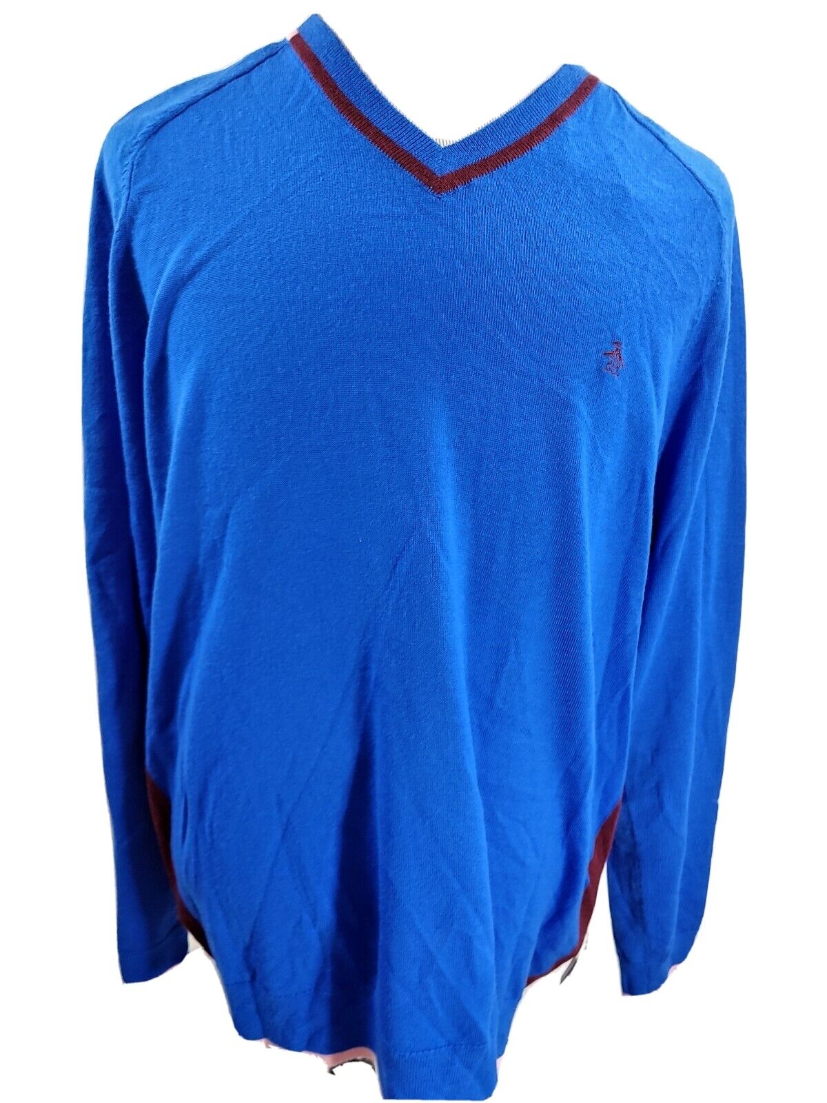 Original Penguin Mens XXL Turkish Blue V Neck Knit Pullover Sweater Merino Wool