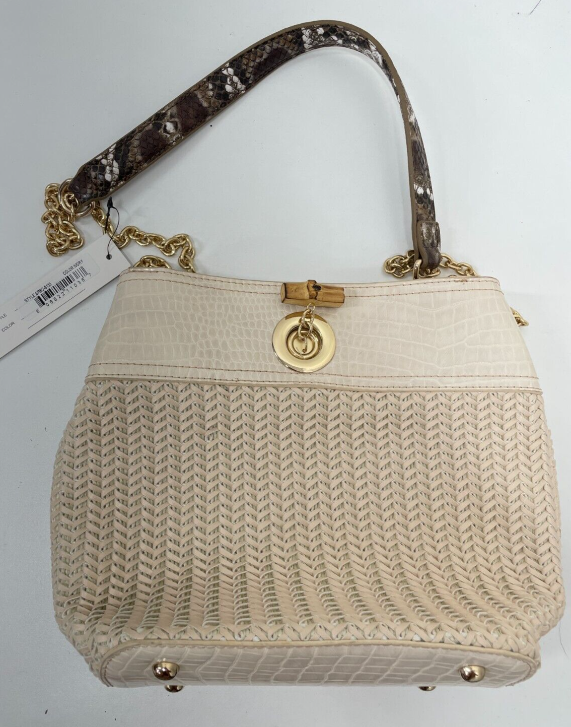 Sondra Roberts Womens Squared Ivory Woven Vegan Leather Purse Bucket Handbag