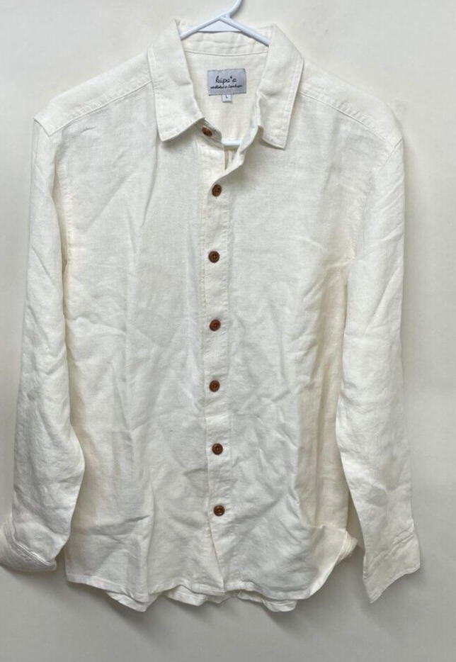 Kupa'a Copenhagen Mens L Button Down Camp Hemp Shirt White Long Sleeve Hawaii