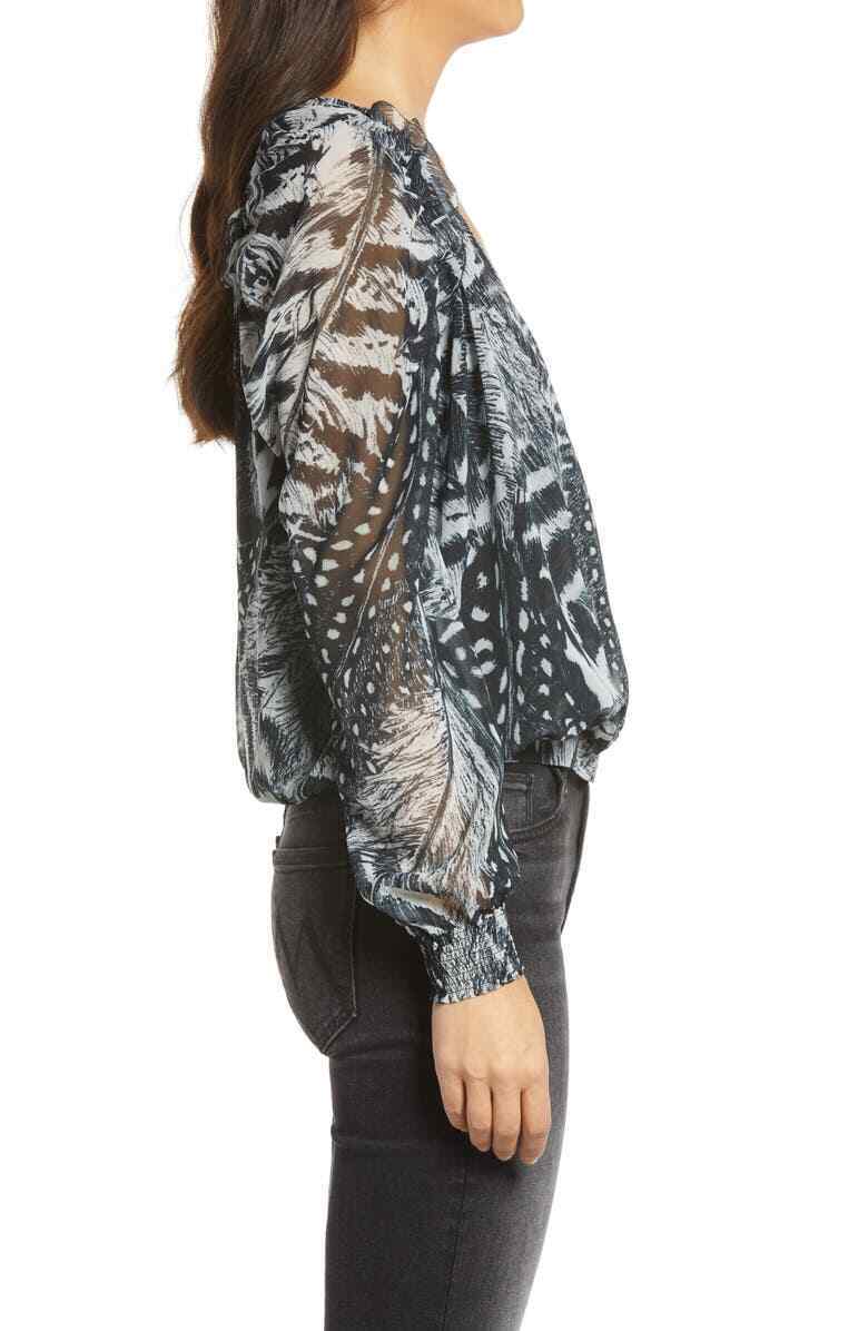 allsaints Womens 6 White Black Fara Stretto Faux Wrap Top Blouse Sheer Chiffon