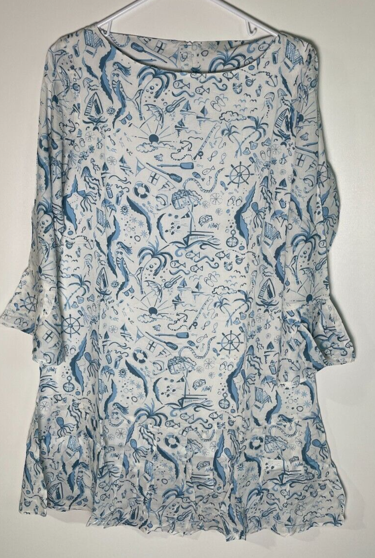Hiho Women's XL Jeannie Dress Airy Blue Weekend Lined Bell Sleeve Ruffle Hem