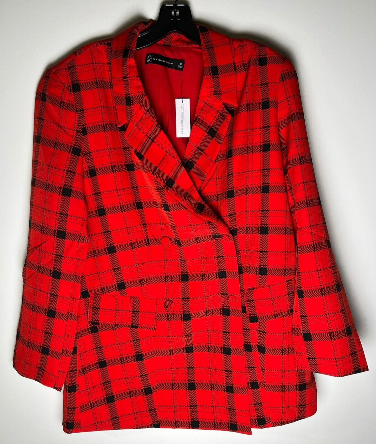 NY&C Womens Medium Double Breasted Plaid Blazer Red Plaid 41277944