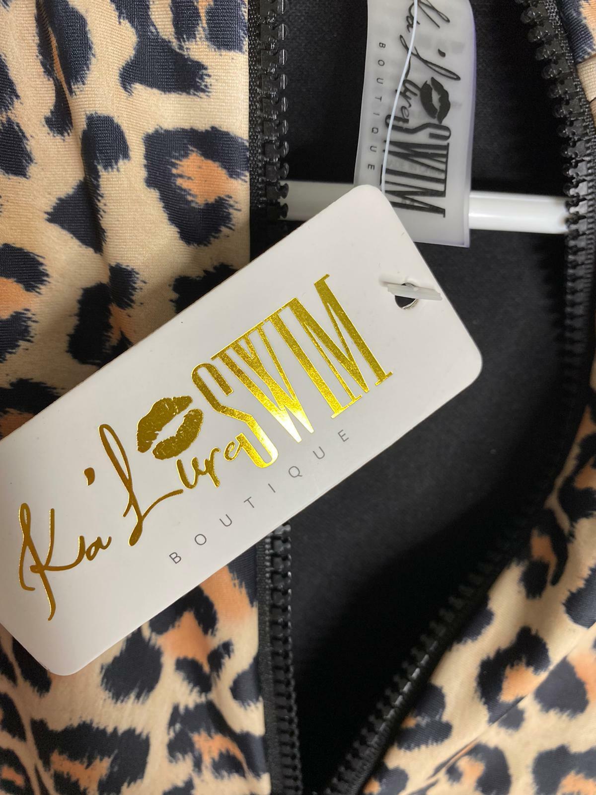 Ka'Lure Womens M Leopard Sleeved Cutout Zip Up Rashguard One Piece Swimsuit