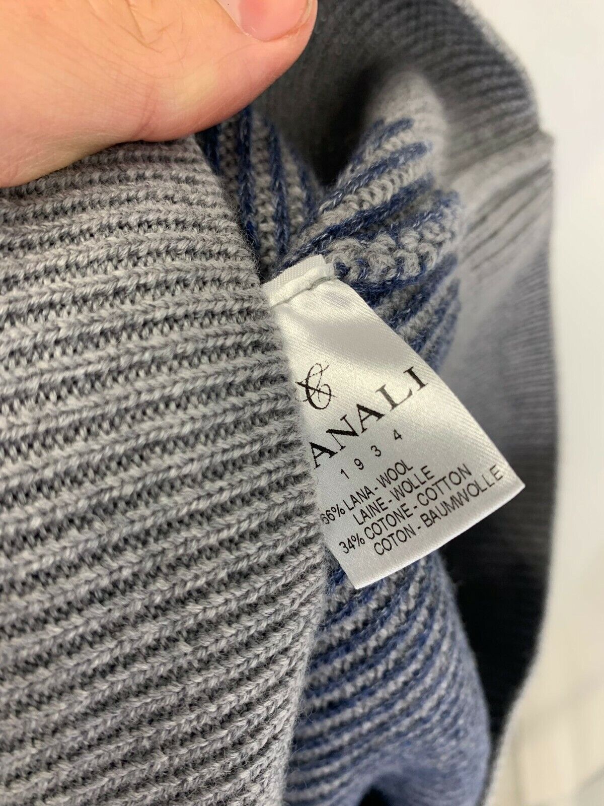 Canali Mens 58 Gray Navy Ribbed Merino Wool and Cotton Crewneck Sweater Italy