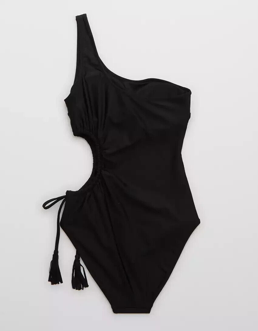 Aerie Womens S Black Tassel Cut Out Asymmetrical One Piece Swimsuit One Shoulder