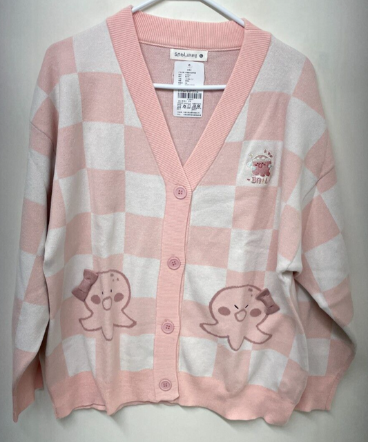 Snbl Women's L Checkered Octopus Embroidered Cardigan Pink Kirakira World Kawaii