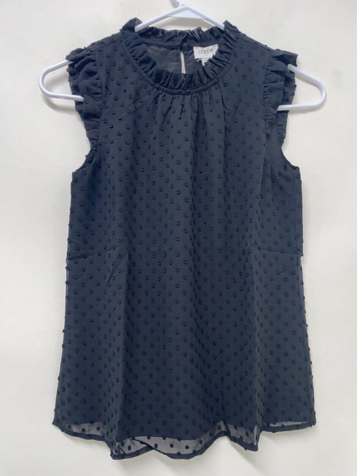 J. Crew Womens XXS Sleeveless Ruffle Neck Top Black Smocker Polka Dot BI347