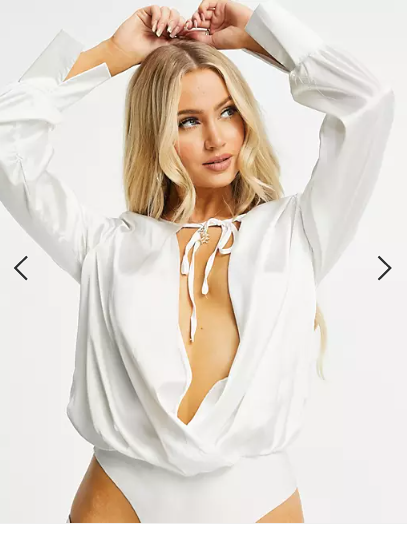 Missguided Womens 4 White Tie Front Wrap Plunge Bodysuit Long Sleeve Satin