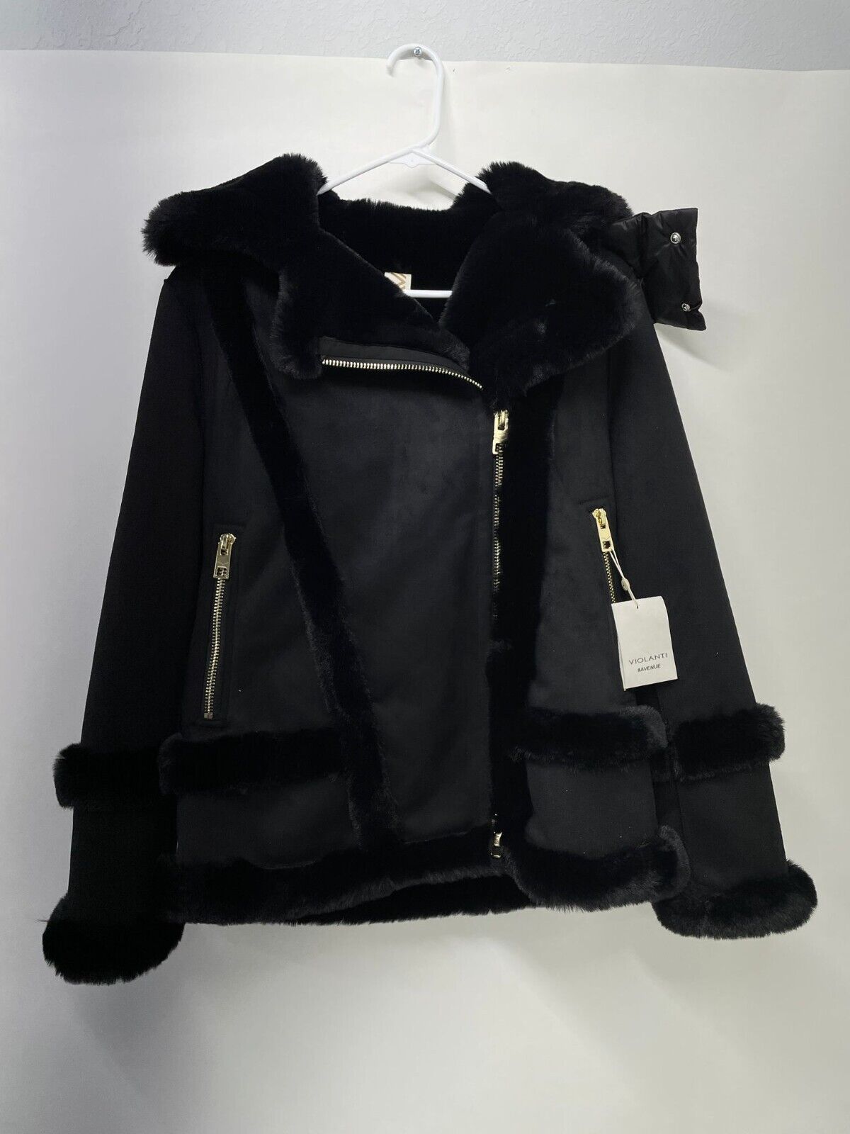 Violanti Avenue Womens 40 VL09 Faux Sheepskin Black Bomber Jacket Fur Suede Coat